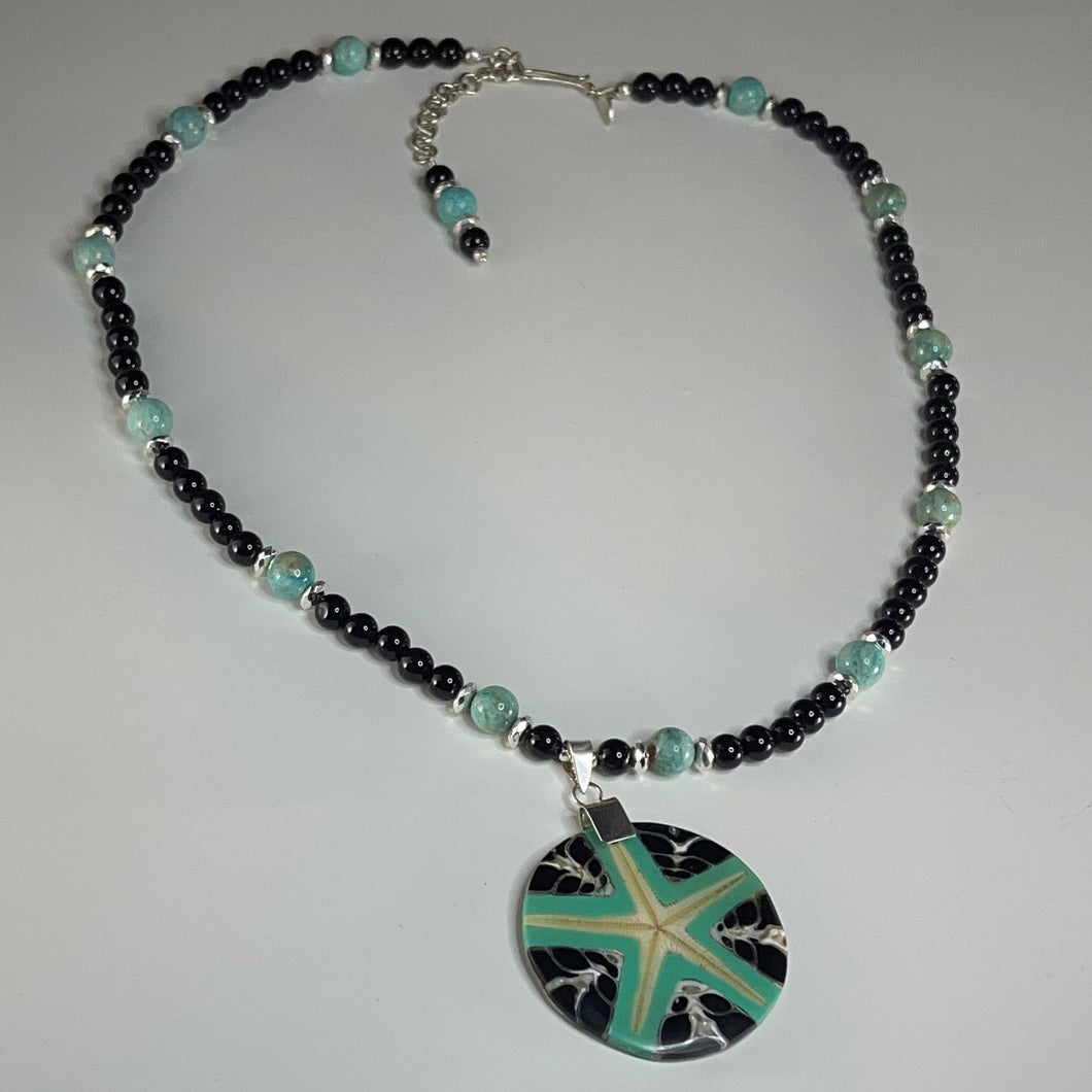 Tropical Amazonite and Black Onyx Gemstone Bead Necklace