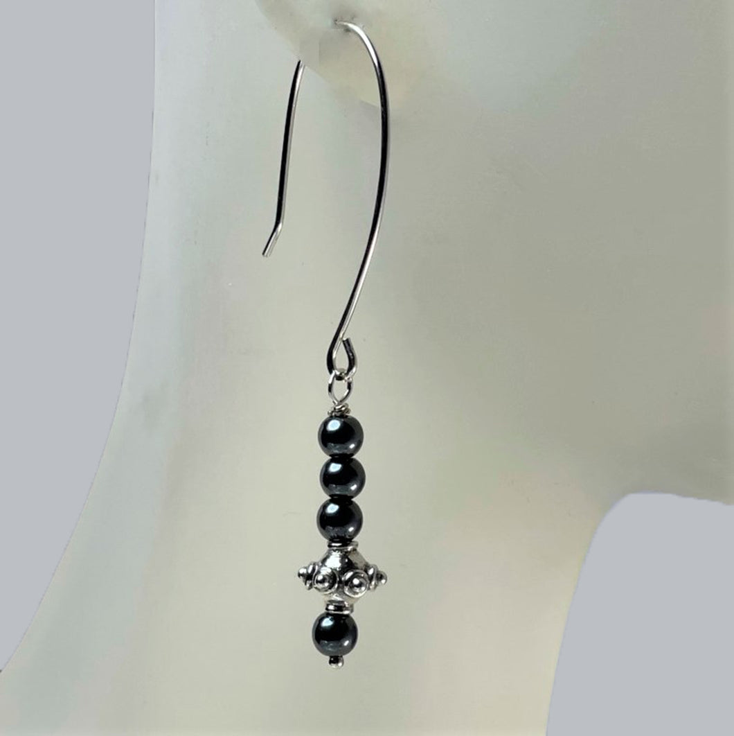 Black Hematite Earrings, Bali Sterling Beads and Argentium .935 Sterling Silver Earrings