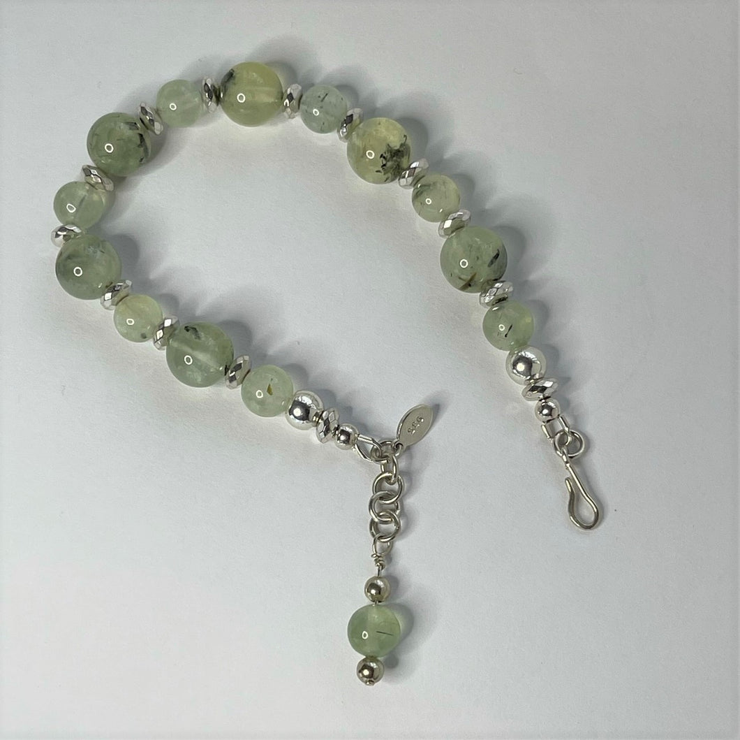 Prehnite, White Gold-Plated Hematite and Argentium Sterling Silver Bracelet