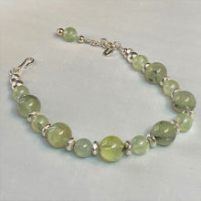 Load image into Gallery viewer, Prehnite, White Gold-Plated Hematite and Argentium Sterling Silver Bracelet
